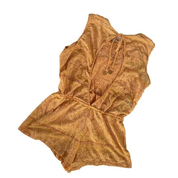 NWT Luli Fama Obsession Scalloped Romper Yellow Cuban Sunset Small Coverup - Picture 5 of 11